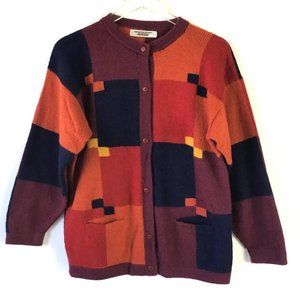 Color block M Alpaca ? Wool womens cardigan sweater blue red orange Bolivia soft